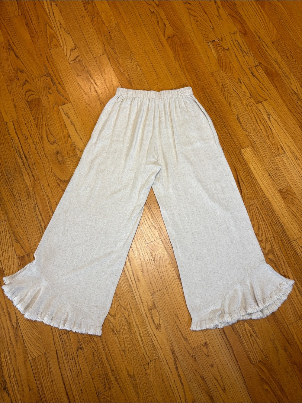 -Umgee USA Wide Leg Cropped Linen Blend Pants Cream Fringe Hem Boho Size Small - Picture 3 of 9